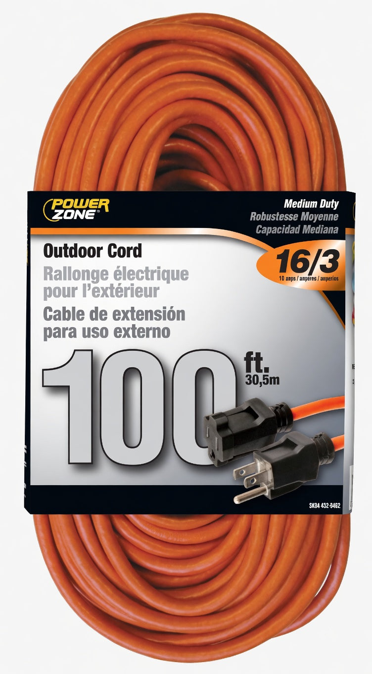 PowerZone Extension Cord, 16 AWG Cable, 5-15P Grounded Plug, 5-15R Grounded Receptacle, 100 ft L, 125 V