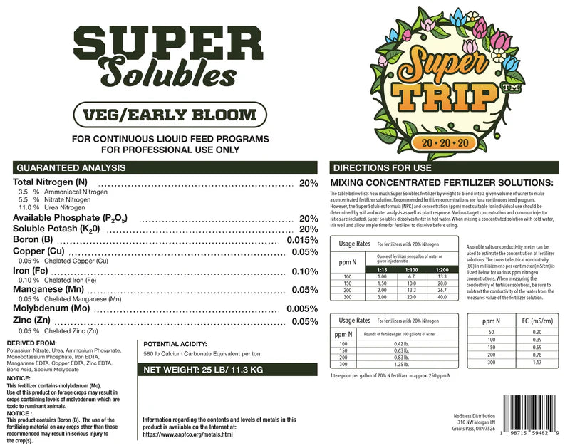 Super Solubles Super Trip (Veg/Early Bloom) 20-20-20, 25# Bag