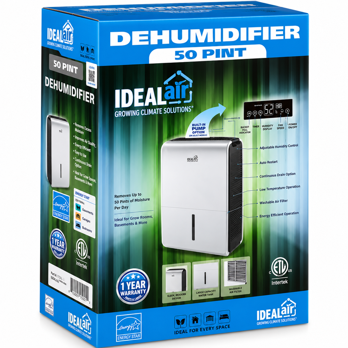 Ideal-Air Dehumidifier 50 Pint - Up to 80 Pints Per Day
