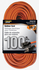 PowerZone Extension Cord, 16 AWG Cable, 5-15P Grounded Plug, 5-15R Grounded Receptacle, 100 ft L, 125 V