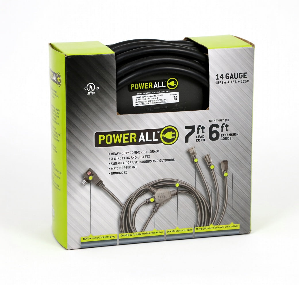 Power All Extension Cord 7' Lead W/ Three 6' Extension Branches